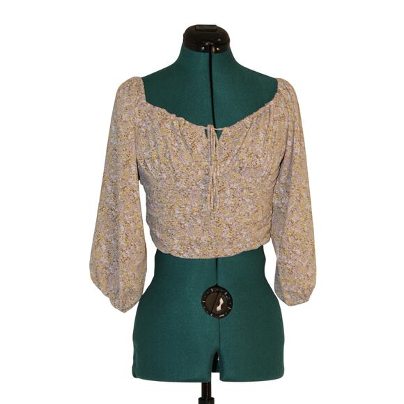 Revolve ASTR the Label Floral Puff Sleeve Crop Top Smocked Back S Taupe Multi - Picture 3 of 7